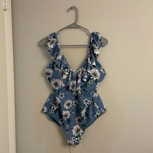 Jessica Simpson Daisy Blue Ruffle One Piece Swim -Size L NWOT